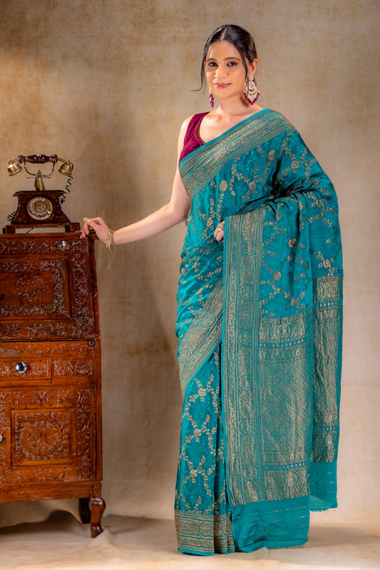 Teal Blue Vat Dyed Silk Saree with Antique Zari