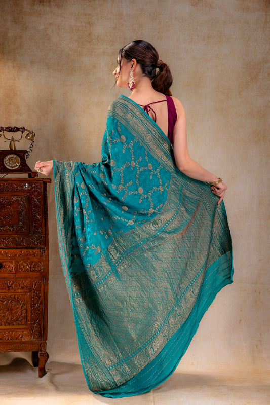 Teal Blue Vat Dyed Silk Saree with Antique Zari