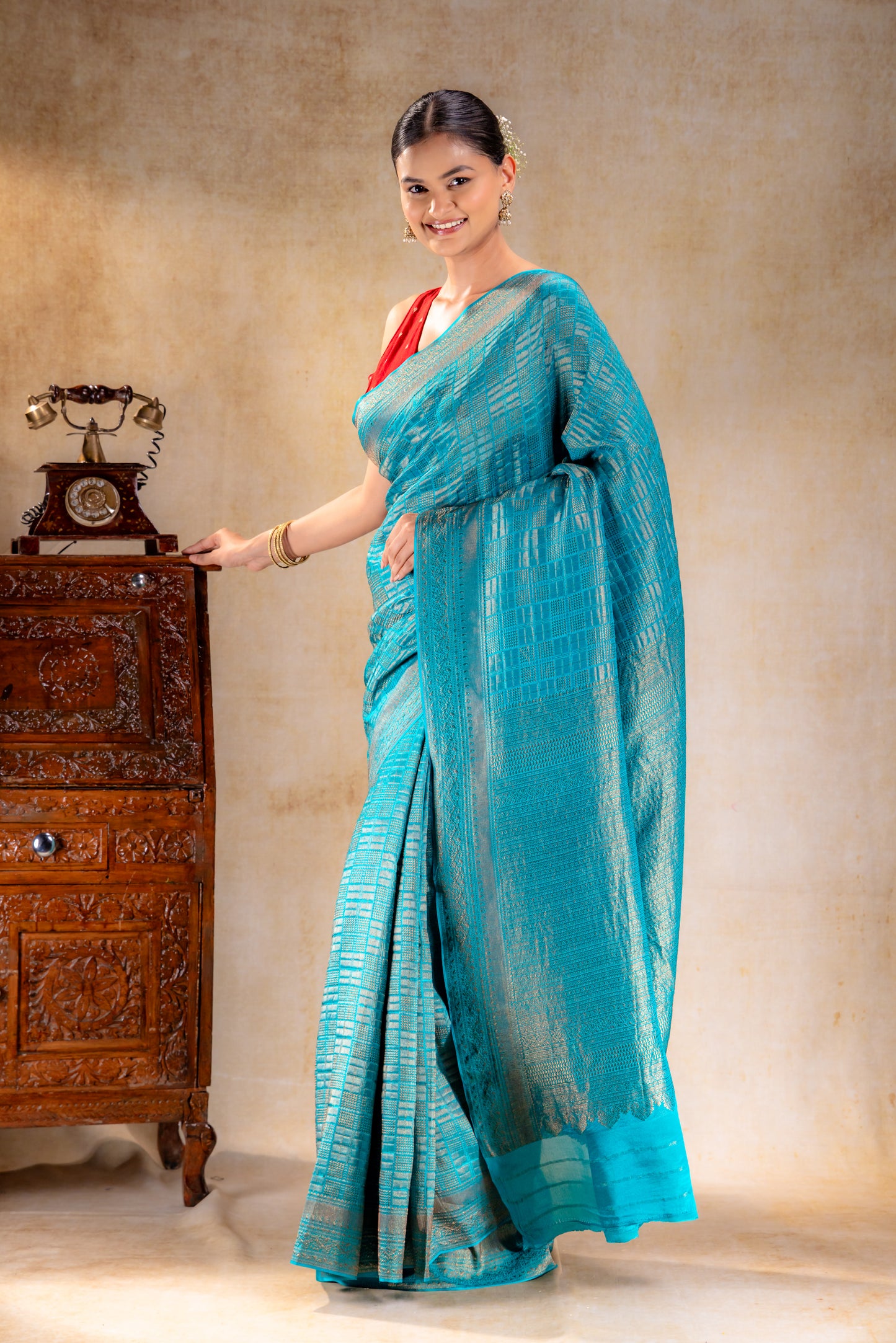 Teal Blue Vat Dyed Banarasi Silk Saree with Zari Checkered Weave
