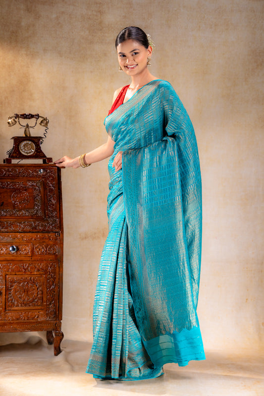 Teal Blue Vat Dyed Banarasi Silk Saree with Zari Checkered Weave