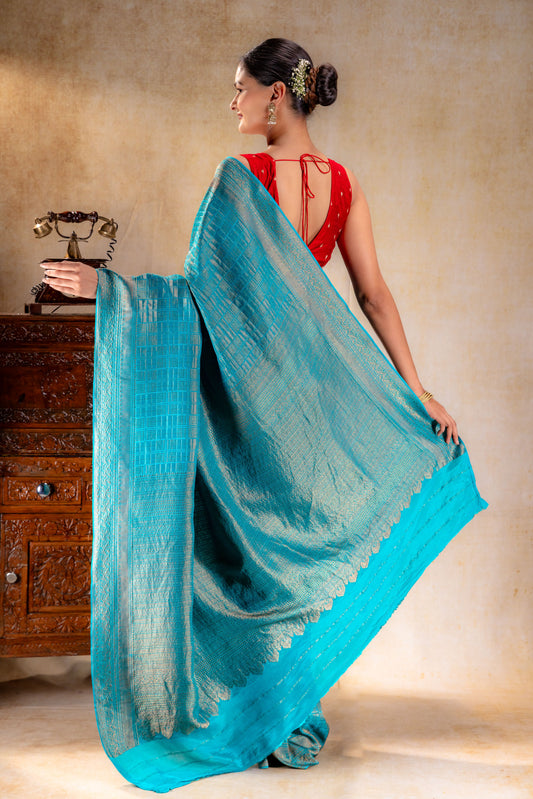 Teal Blue Vat Dyed Banarasi Silk Saree with Zari Checkered Weave
