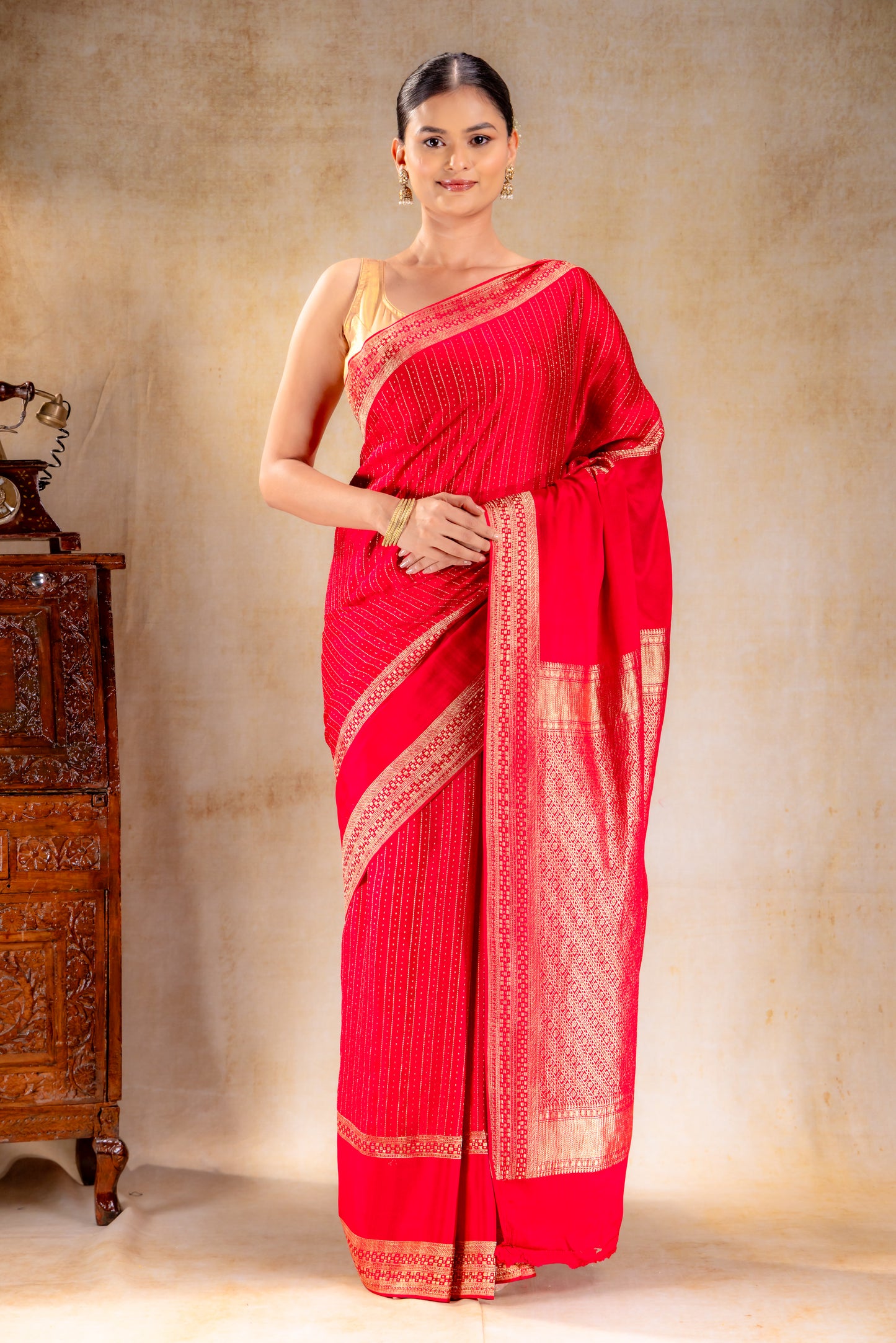 Red Pink Crepe Saree with Gold Zari Square Border & Dot-Line Motifs