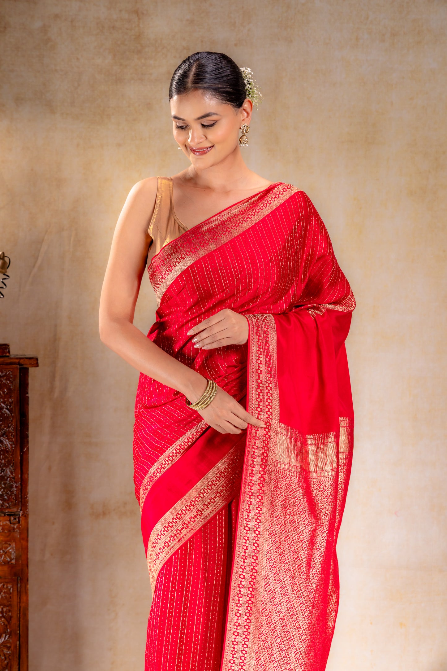 Red Pink Crepe Saree with Gold Zari Square Border & Dot-Line Motifs
