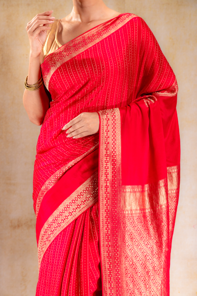 Red Pink Crepe Saree with Gold Zari Square Border & Dot-Line Motifs