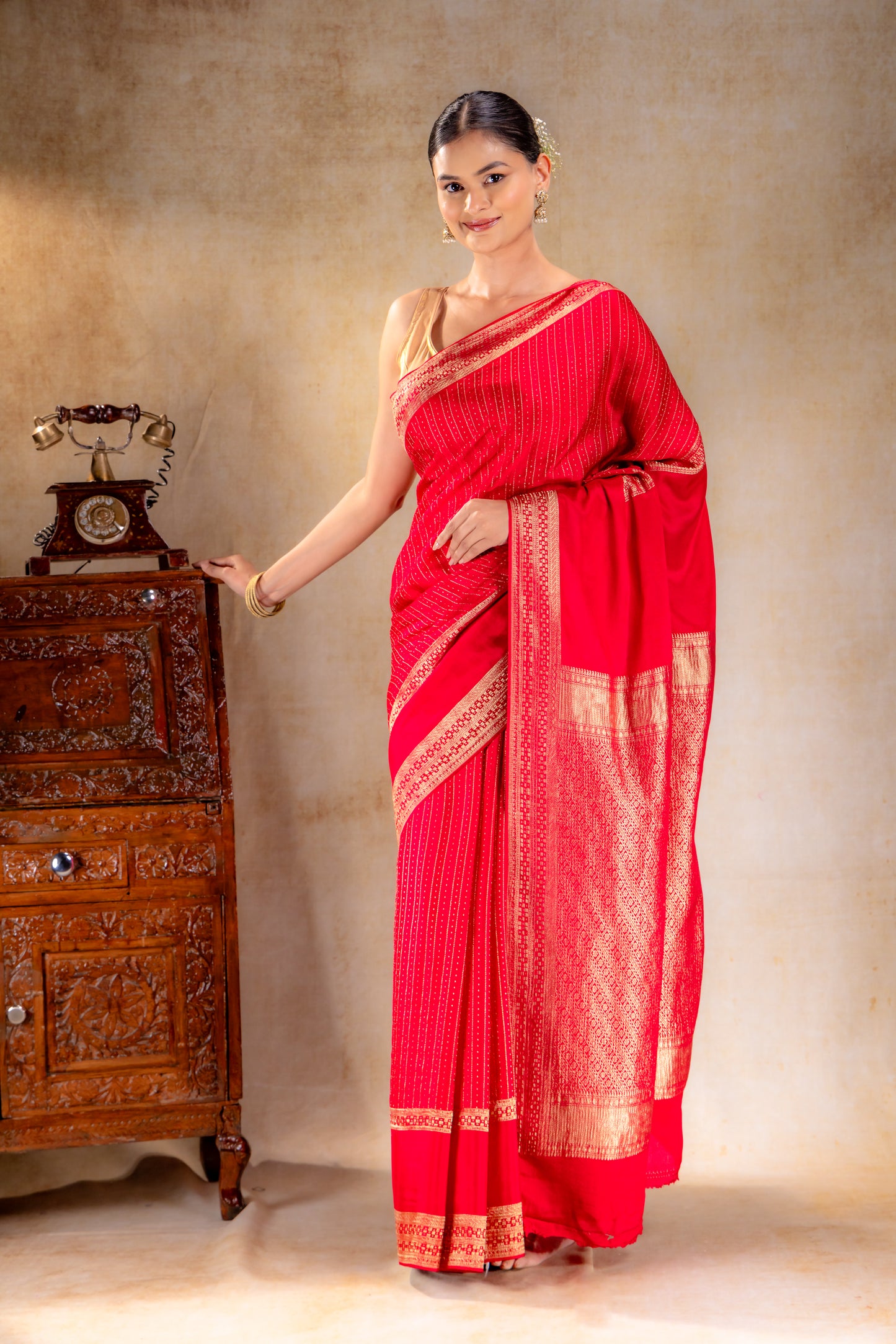 Red Pink Crepe Saree with Gold Zari Square Border & Dot-Line Motifs