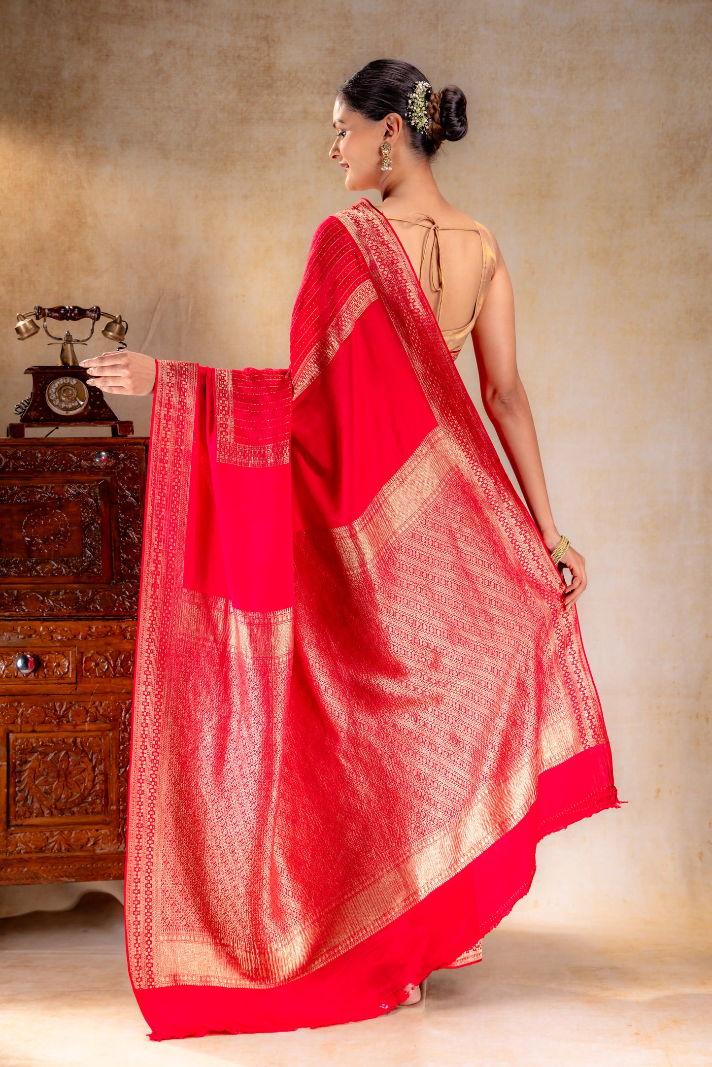 Red Pink Crepe Saree with Gold Zari Square Border & Dot-Line Motifs
