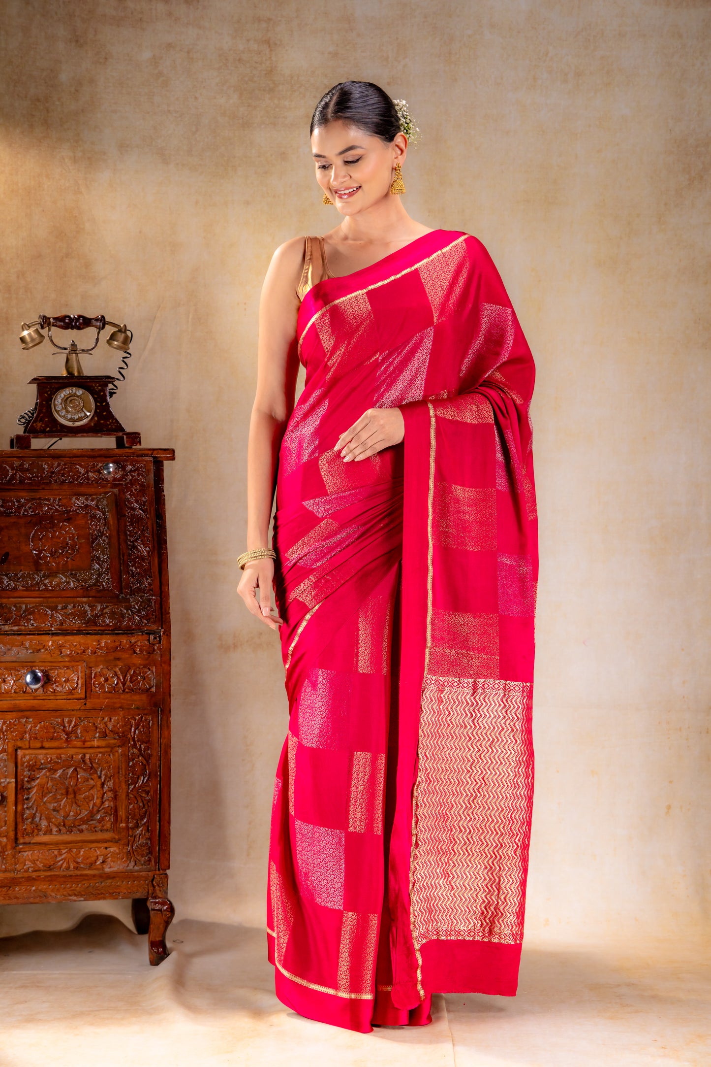 Rani Pink Crepe Silk Saree with Dual Zari Floral Box Motifs and Satin Border