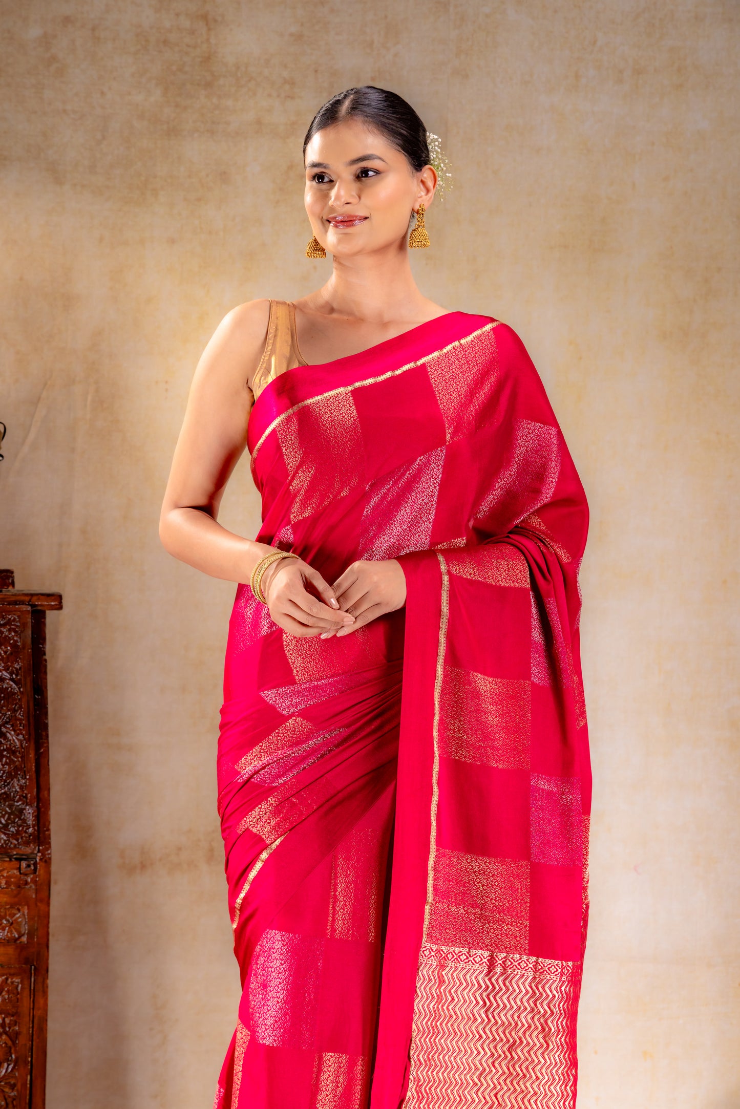 Rani Pink Crepe Silk Saree with Dual Zari Floral Box Motifs and Satin Border