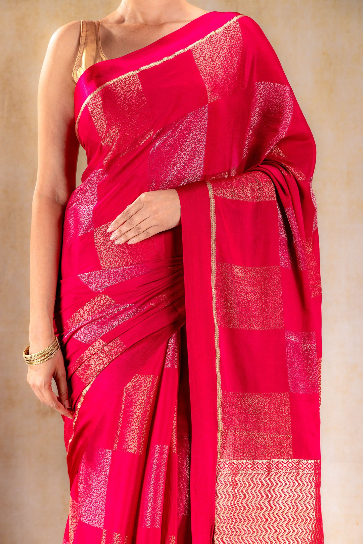 Rani Pink Crepe Silk Saree with Dual Zari Floral Box Motifs and Satin Border