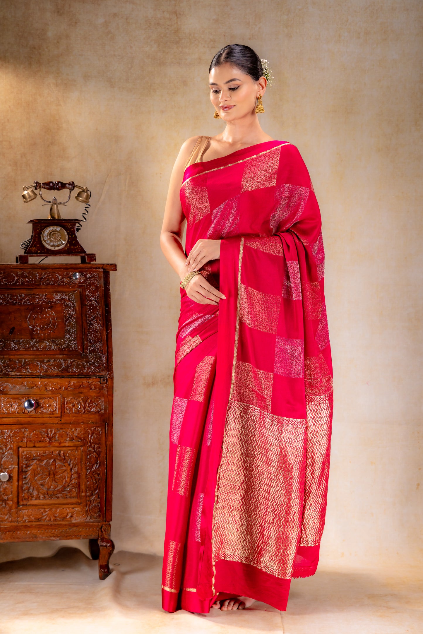 Rani Pink Crepe Silk Saree with Dual Zari Floral Box Motifs and Satin Border
