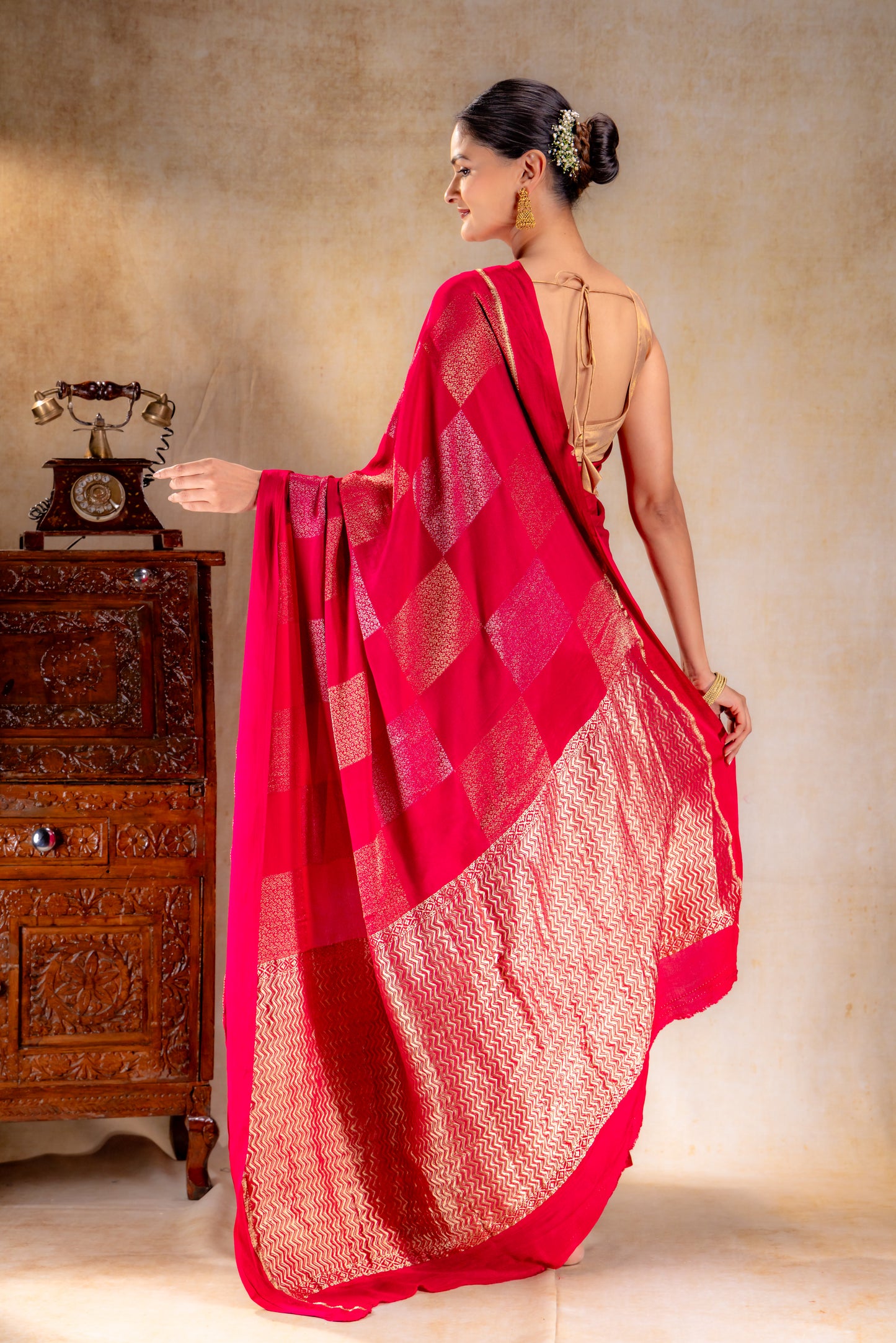 Rani Pink Crepe Silk Saree with Dual Zari Floral Box Motifs and Satin Border