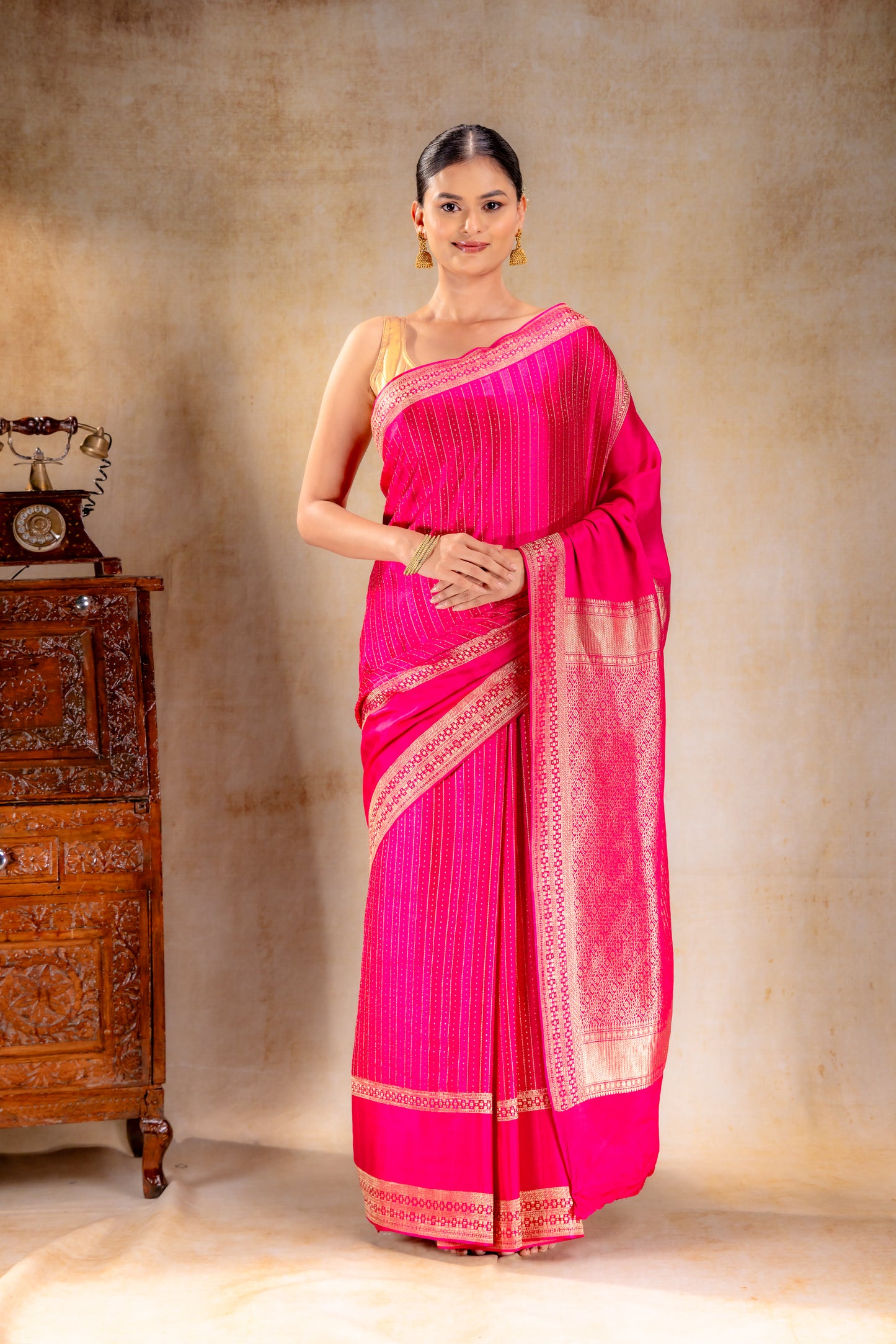 Rani Pink Crepe Saree with Gold Zari Square Border & Dot-Line Motifs