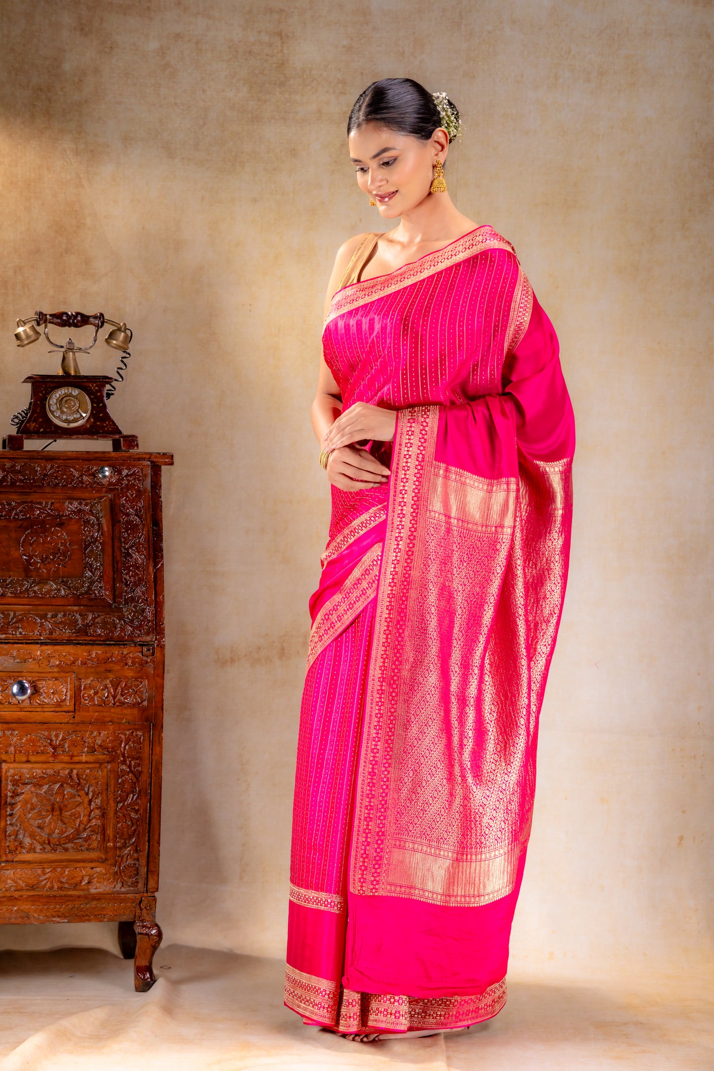 Rani Pink Crepe Saree with Gold Zari Square Border & Dot-Line Motifs
