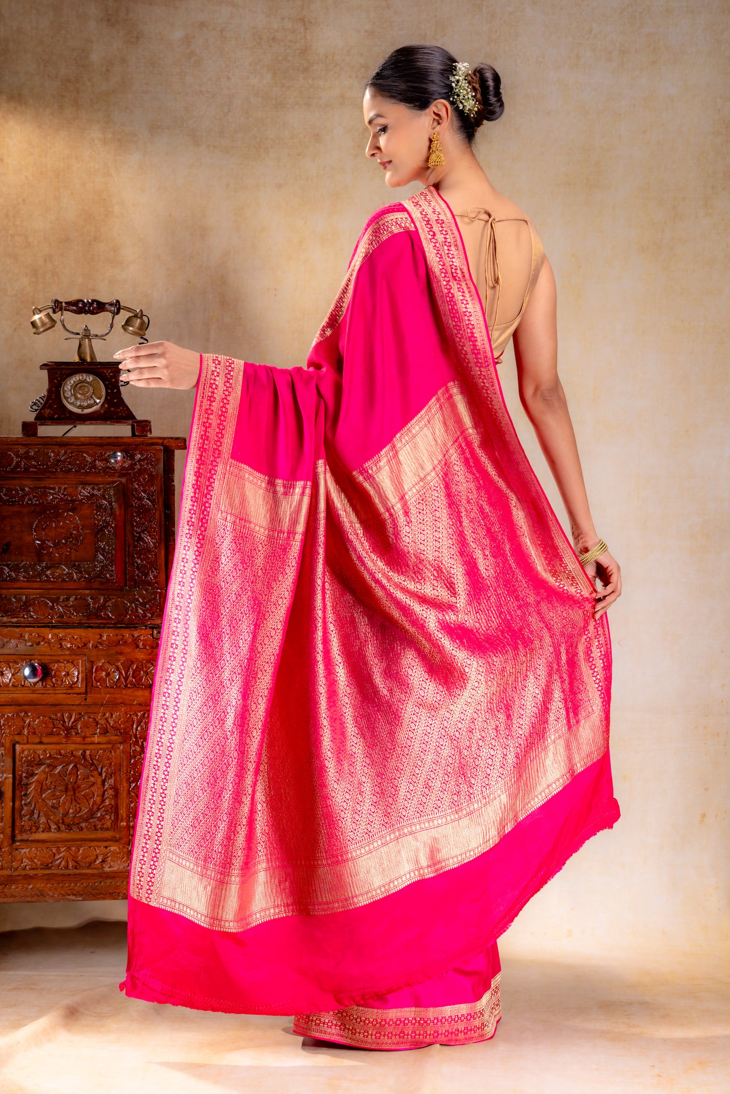 Rani Pink Crepe Saree with Gold Zari Square Border & Dot-Line Motifs