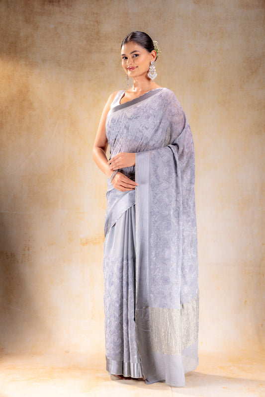 Silver Grey Embroidered Diamond Chiffon Saree – Lightweight Partywear Drape