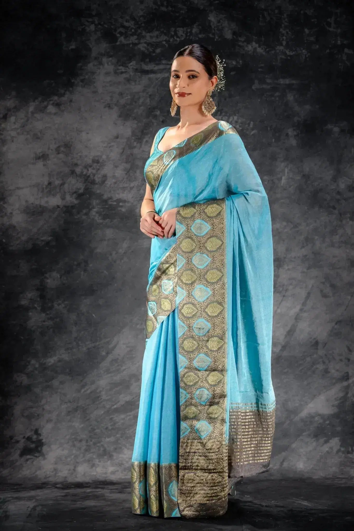 Azure Mist Tissue Saree with Olive Leaf Zari Work that-saree-shop.myshopify.com