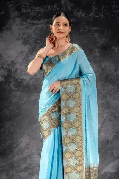 Azure Mist Tissue Saree with Olive Leaf Zari Work that-saree-shop.myshopify.com