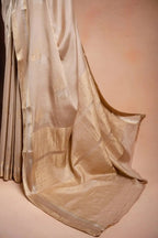 Beige Crepe Silk Saree with Double Mispick Zari Roses that-saree-shop.myshopify.com