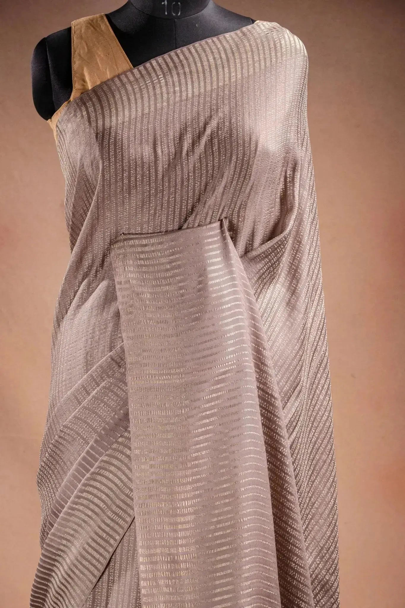 Beige Crepe Silk Saree with Silver Stripes that-saree-shop.myshopify.com