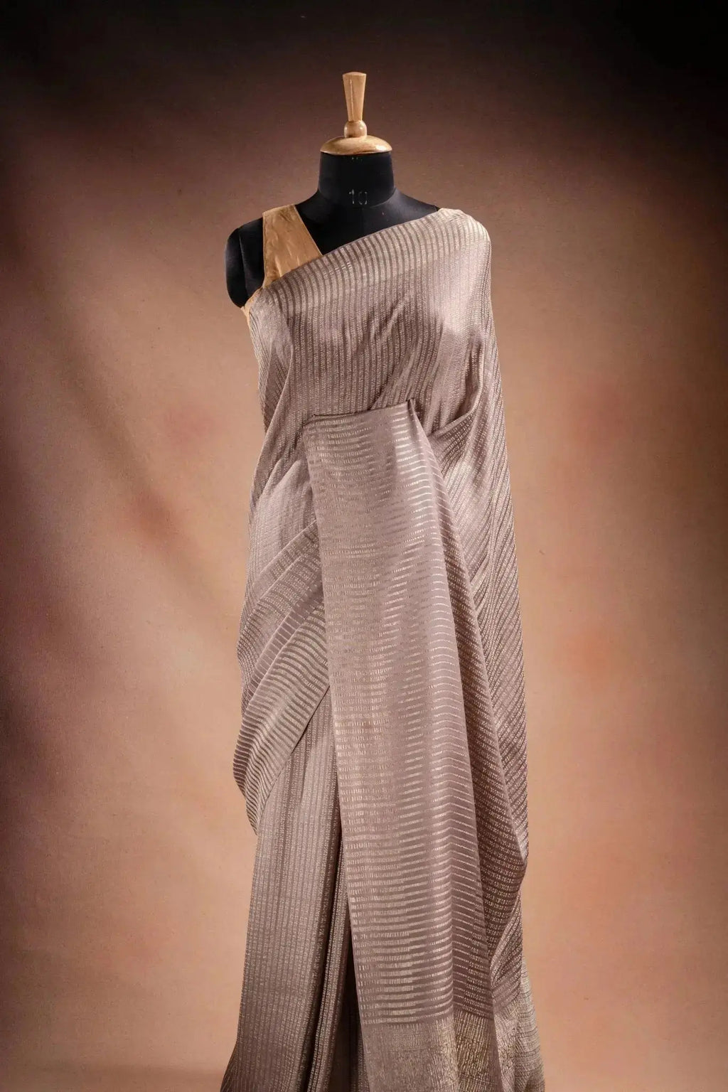 Beige Crepe Silk Saree with Silver Stripes that-saree-shop.myshopify.com