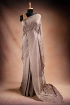 Beige Crepe Silk Saree with Silver Stripes that-saree-shop.myshopify.com