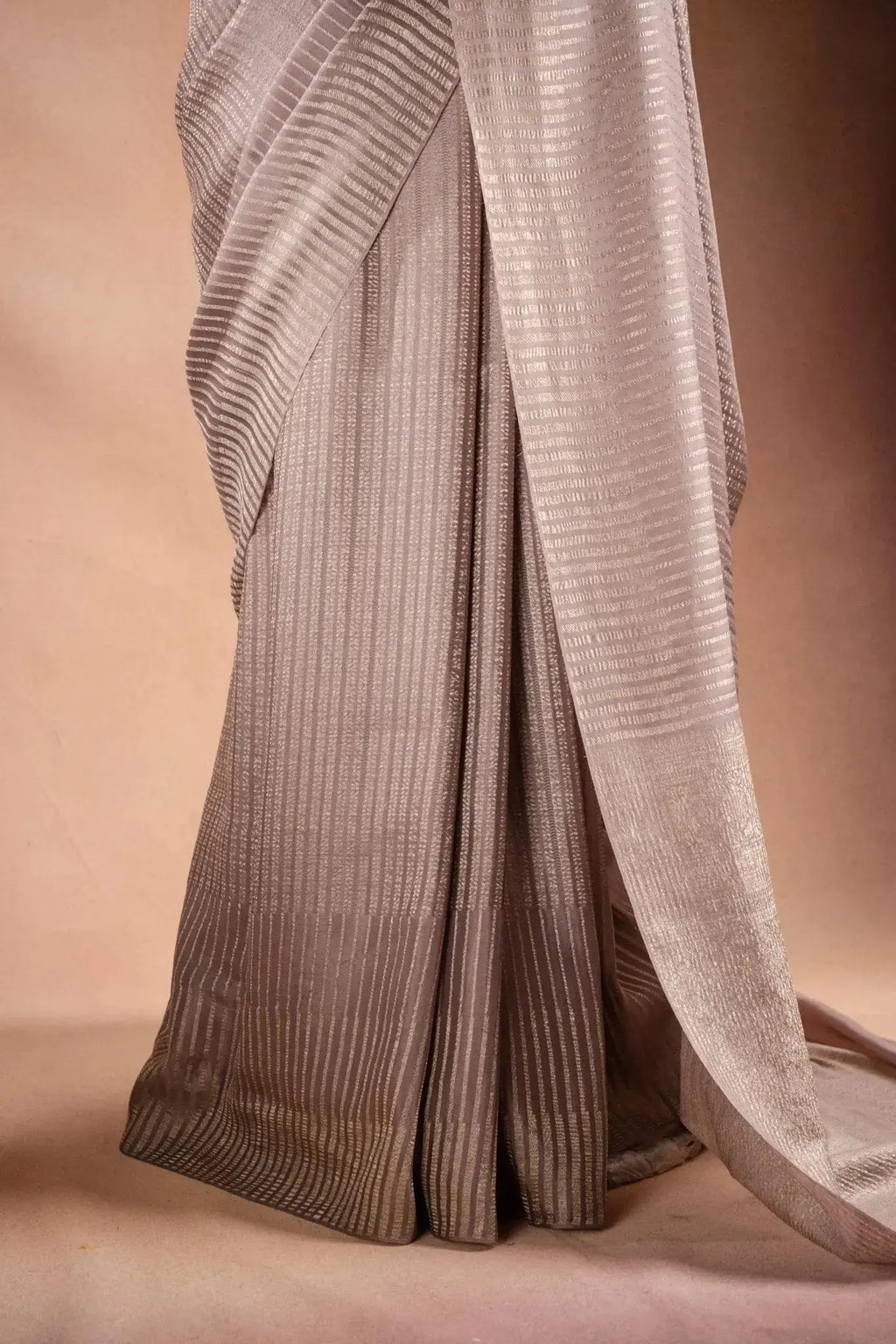 Beige Crepe Silk Saree with Silver Stripes that-saree-shop.myshopify.com