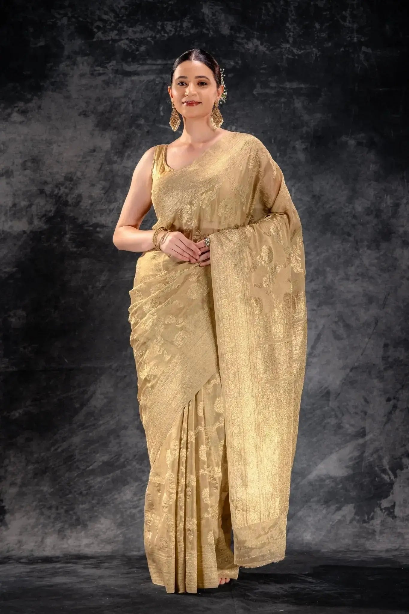 Beige Gold Tissue Saree with Zari Jaal Weave and Ornate Border that-saree-shop.myshopify.com