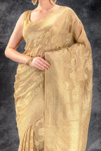 Beige Gold Tissue Saree with Zari Jaal Weave and Ornate Border that-saree-shop.myshopify.com