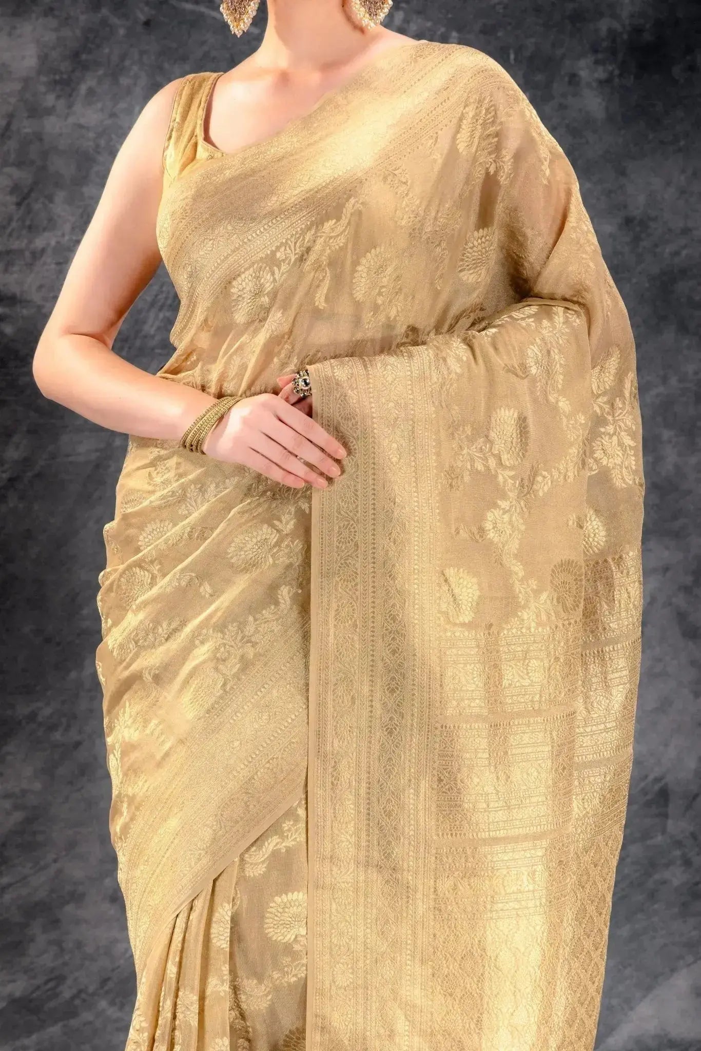Beige Gold Tissue Saree with Zari Jaal Weave and Ornate Border that-saree-shop.myshopify.com