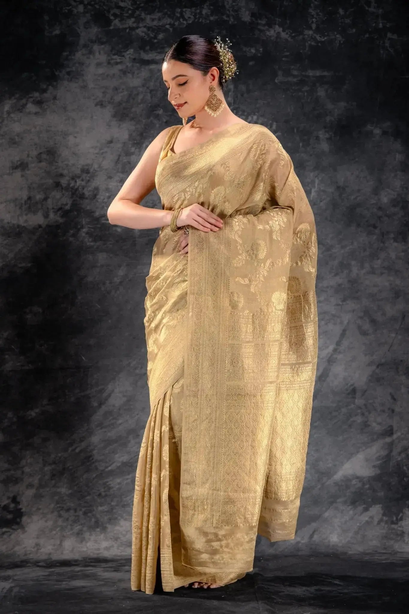 Beige Gold Tissue Saree with Zari Jaal Weave and Ornate Border that-saree-shop.myshopify.com