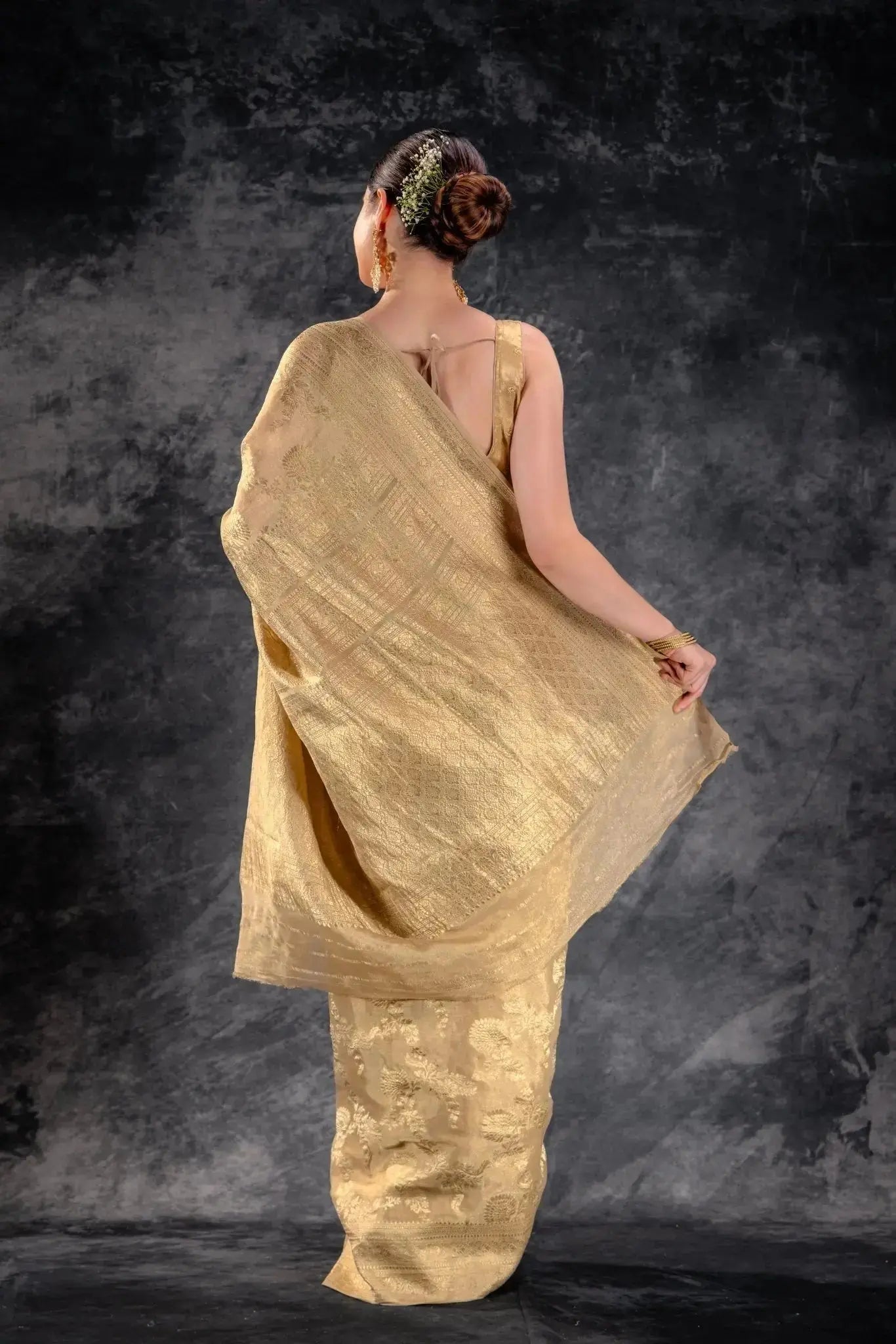 Beige Gold Tissue Saree with Zari Jaal Weave and Ornate Border that-saree-shop.myshopify.com