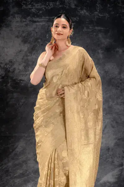 Beige Gold Tissue Saree with Zari Jaal Weave and Ornate Border that-saree-shop.myshopify.com