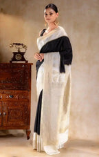 Black Crepe Saree with Ivory Gold Zari Woven Pallu and Paisley Border that-saree-shop.myshopify.com