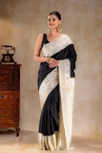 Black Crepe Saree with Ivory Gold Zari Woven Pallu and Paisley Border that-saree-shop.myshopify.com