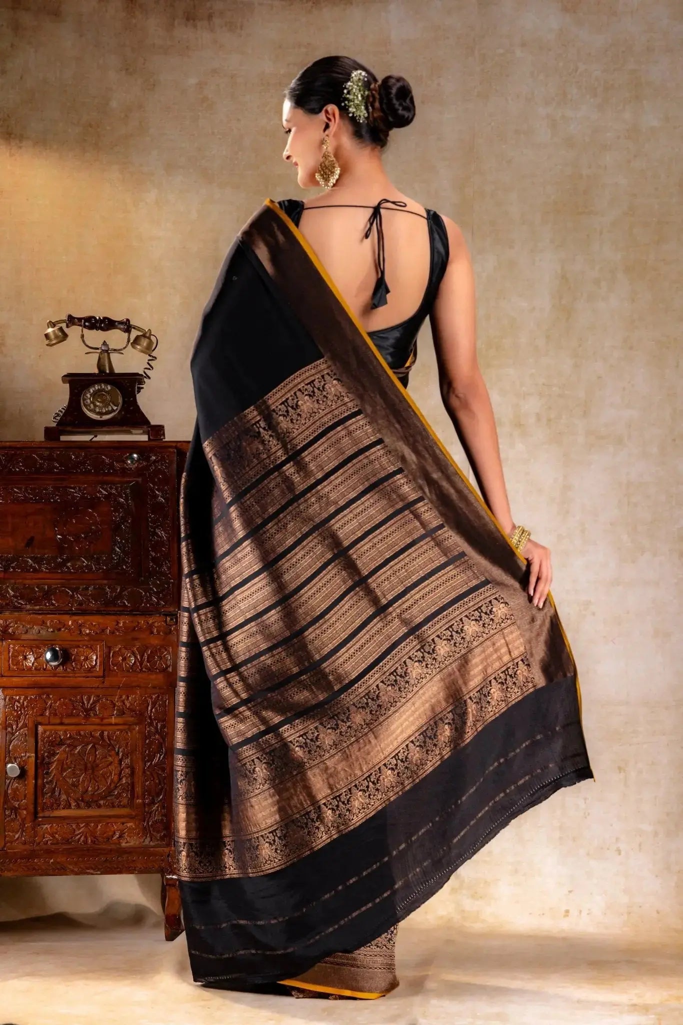 Black Crepe Silk Saree with Antique Zari Doble Peacock Border that-saree-shop.myshopify.com