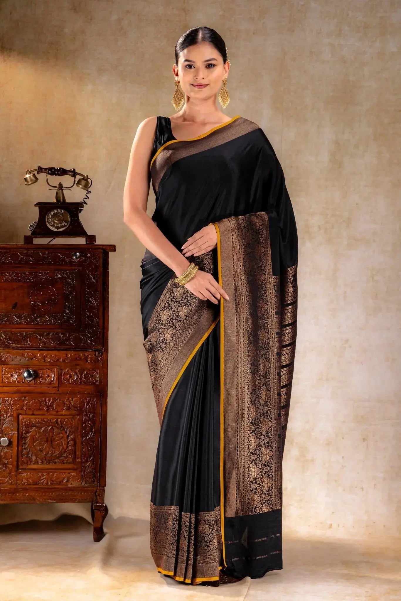 Black Crepe Silk Saree with Antique Zari Doble Peacock Border that-saree-shop.myshopify.com