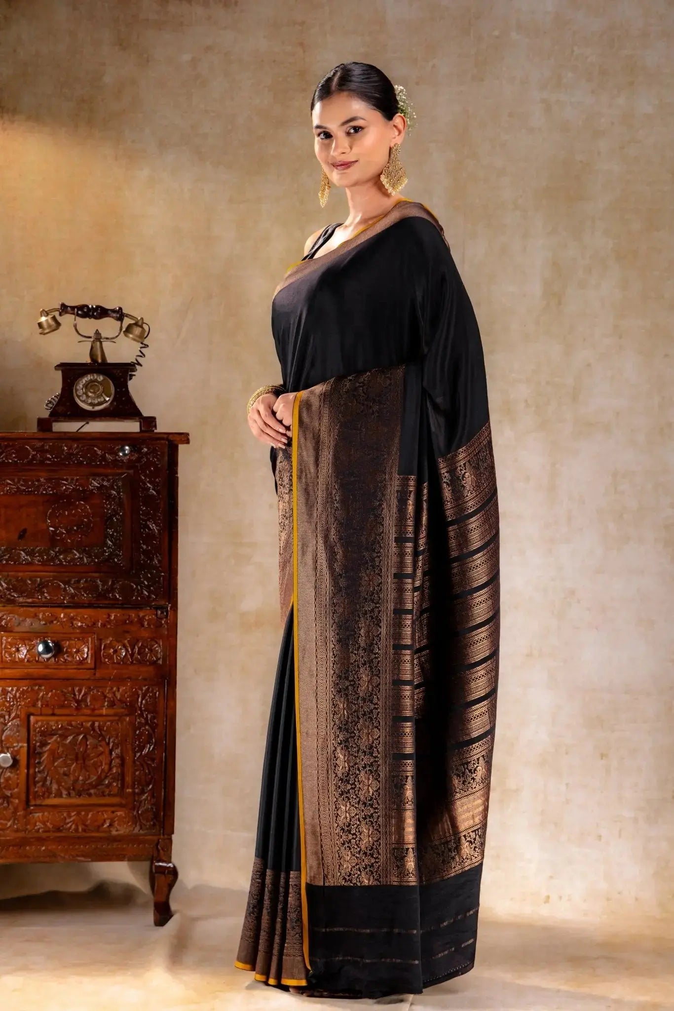 Black Crepe Silk Saree with Antique Zari Doble Peacock Border that-saree-shop.myshopify.com