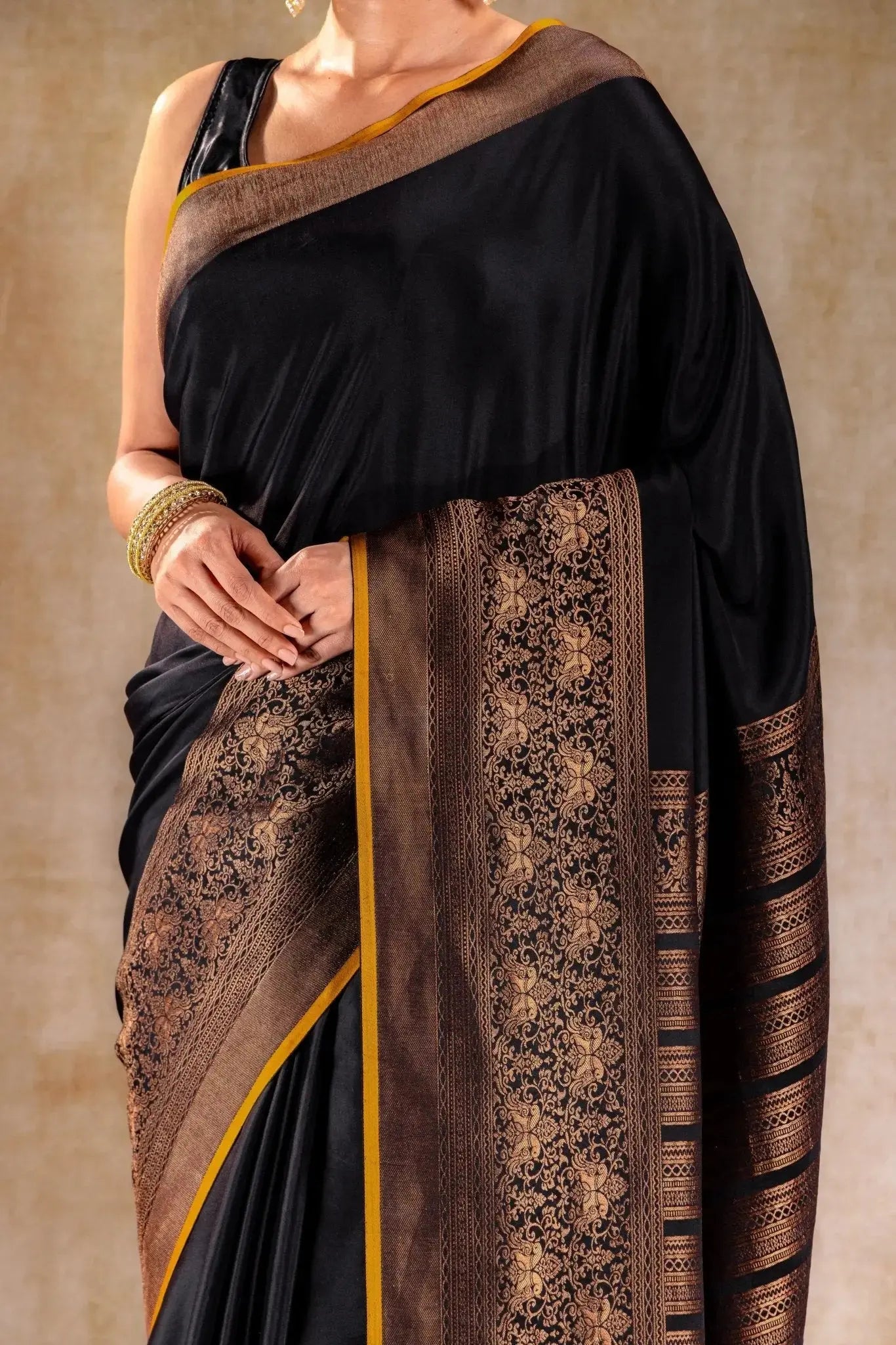 Black Crepe Silk Saree with Antique Zari Doble Peacock Border that-saree-shop.myshopify.com