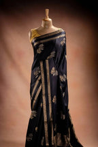 Black Crepe Silk Saree with Double Mispick Zari Roses that-saree-shop.myshopify.com