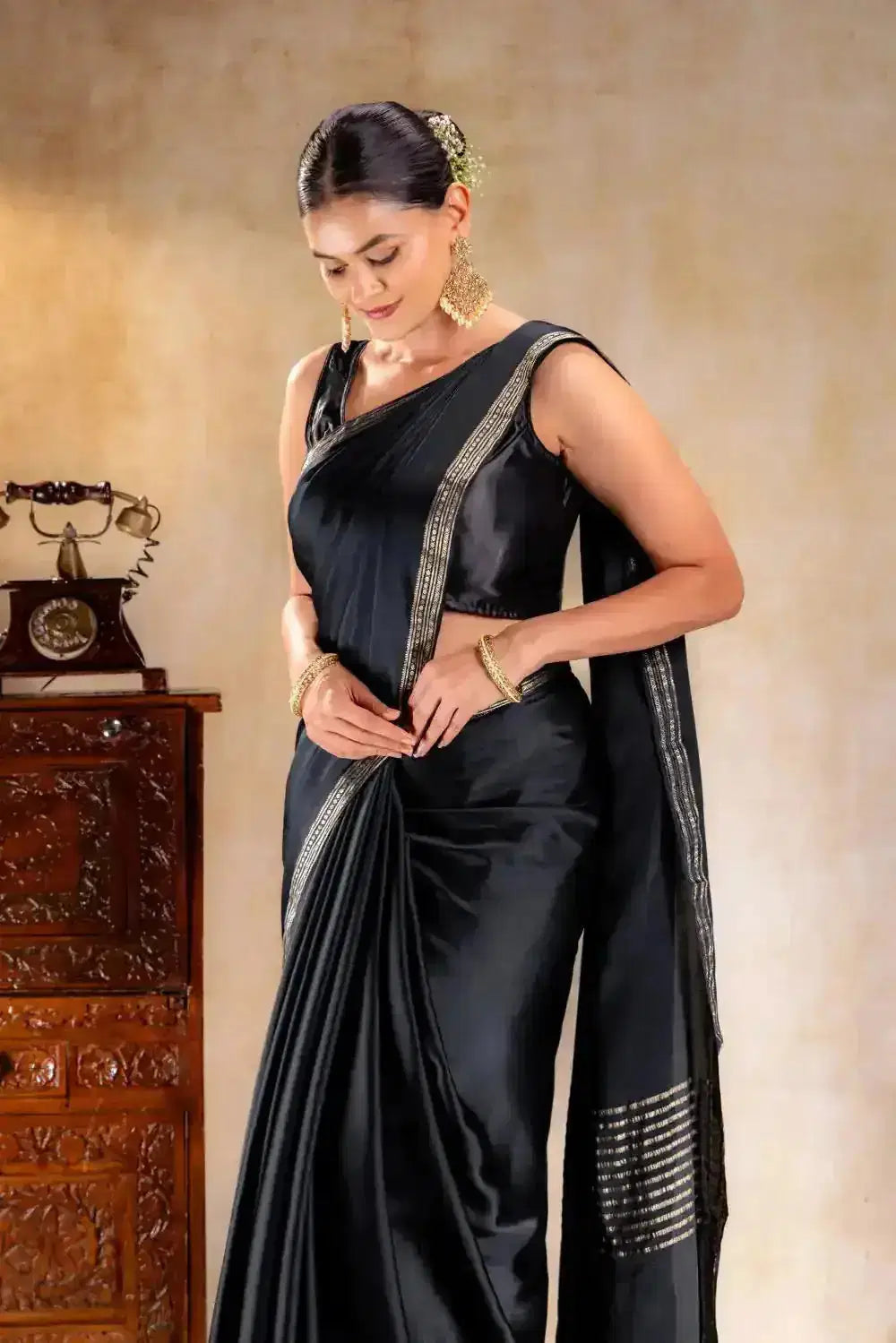 Black Satin Silk Saree that-saree-shop.myshopify.com