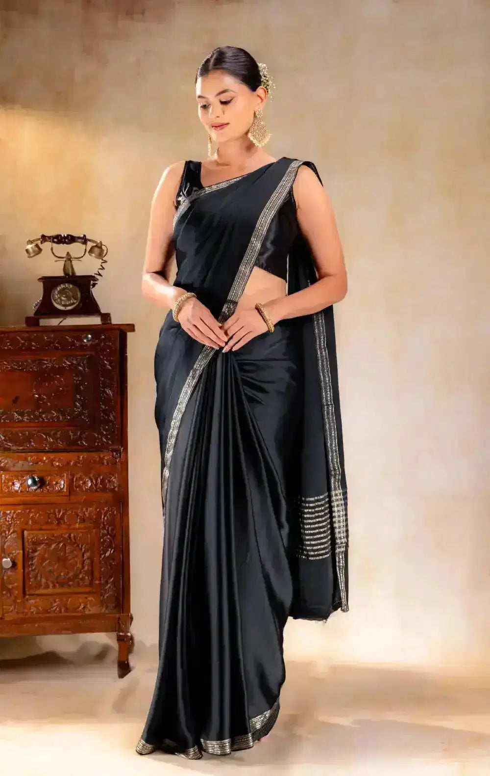 Black Satin Silk Saree that-saree-shop.myshopify.com