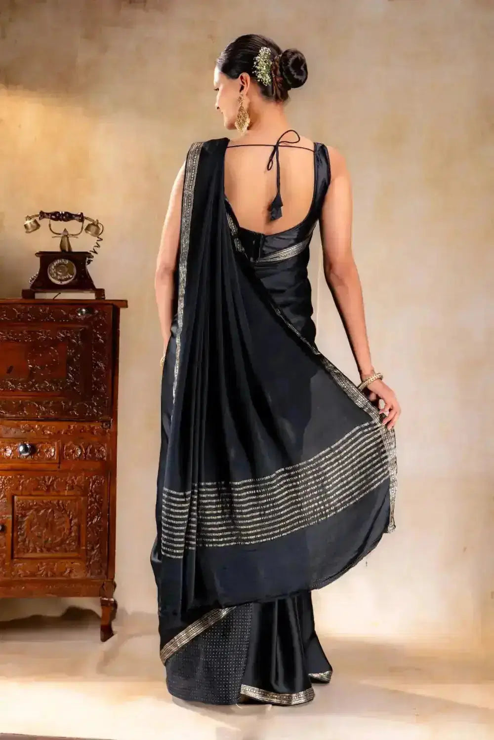 Black Satin Silk Saree that-saree-shop.myshopify.com
