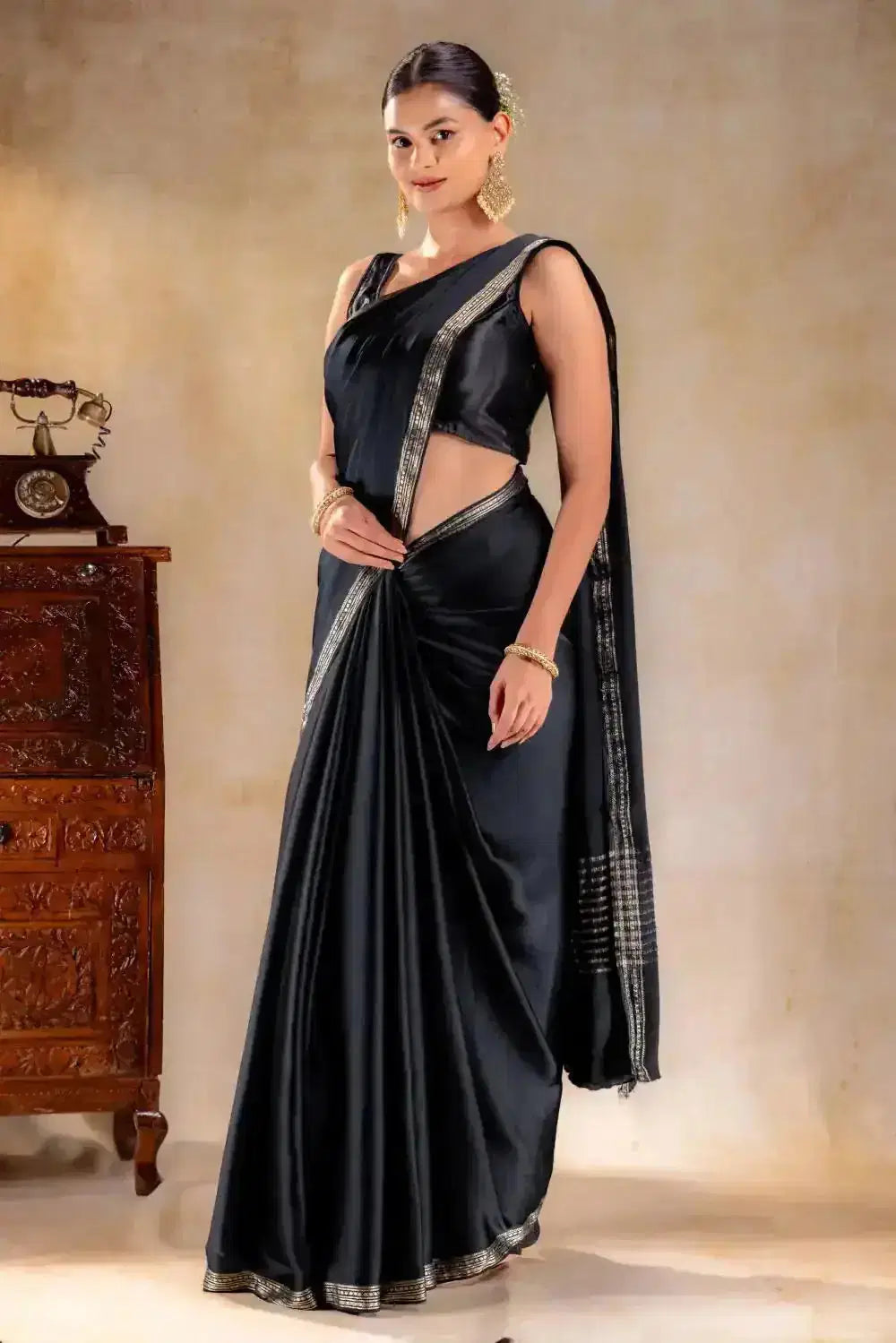 Black Satin Silk Saree that-saree-shop.myshopify.com