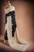 Black and White Crepe Silk Saree with Gold Motifs and Contrast Pallu that-saree-shop.myshopify.com