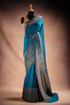 Blue Crepe Silk Saree with Paisley Zari Border that-saree-shop.myshopify.com