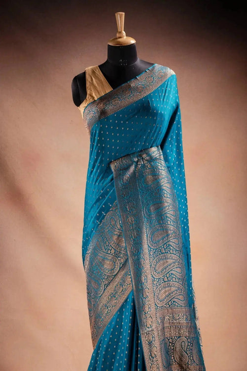 Blue Crepe Silk Saree with Paisley Zari Border that-saree-shop.myshopify.com