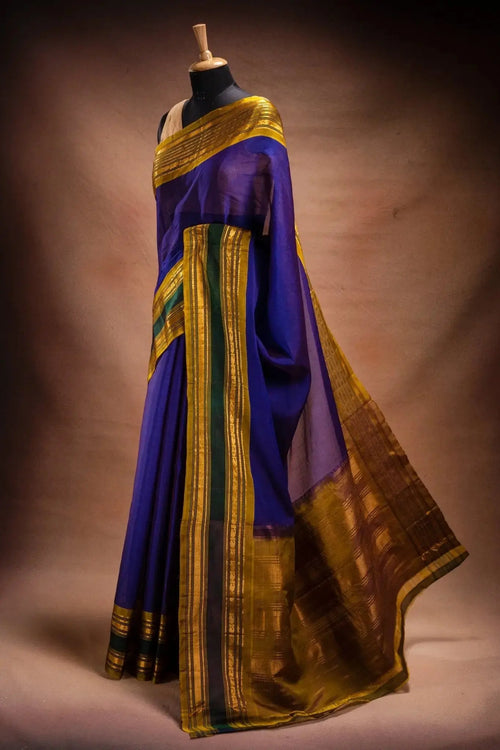Blue Gadwal Cotton Mix Saree with Mustard Border that-saree-shop.myshopify.com