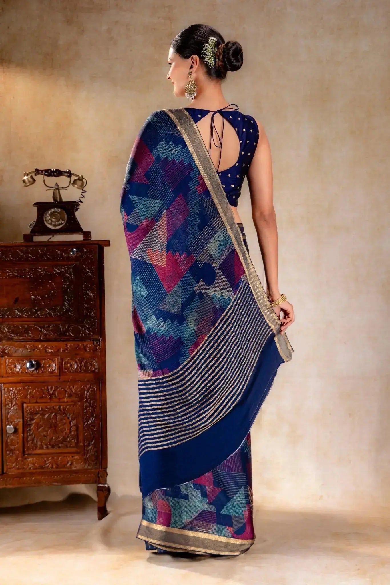 Blue Printed Satin Silk Saree that-saree-shop.myshopify.com