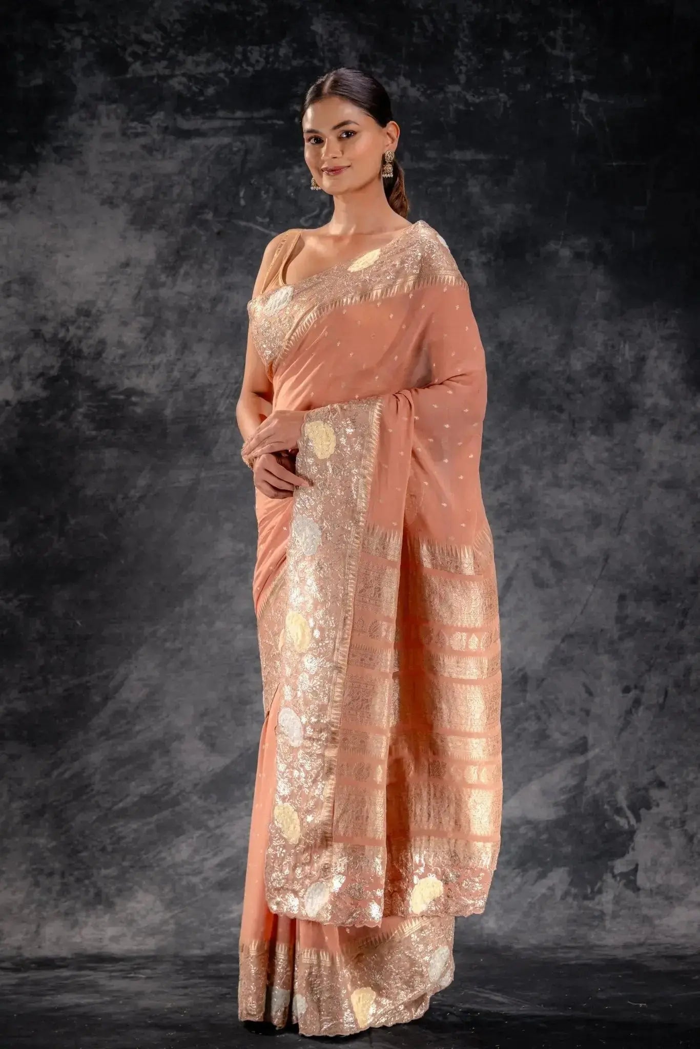 Burnt Rose Georgette Saree with Zari Buttas & Embroidered Border that-saree-shop.myshopify.com