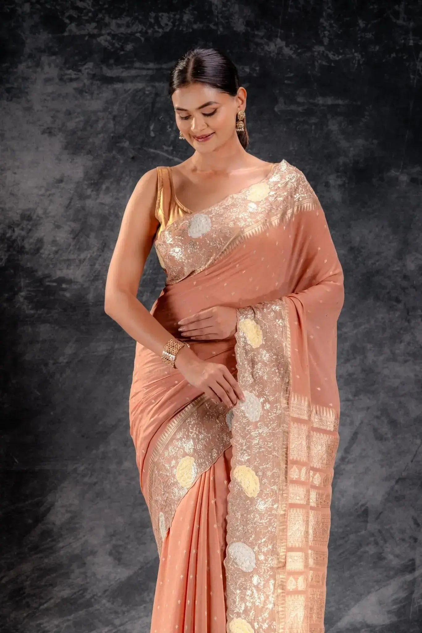 Burnt Rose Georgette Saree with Zari Buttas & Embroidered Border that-saree-shop.myshopify.com